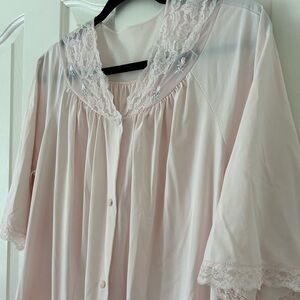 VINTAGE SHADOWLINE Nightgown Pink Button Up Short Sleeve - Lace Trimmed - Size L